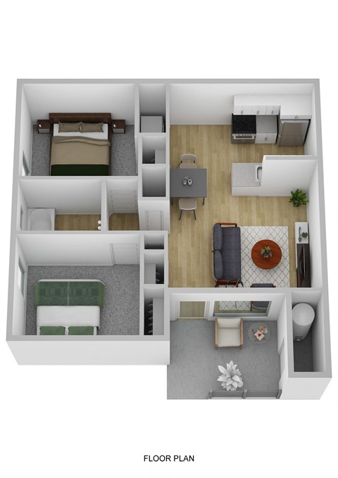 Floor plan for 2 beds, 1 bath, 766 sqft